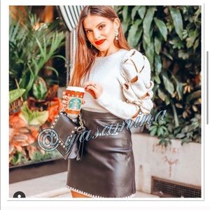 Zara Ecru Openwork Diamond Beaded Puff Sweater